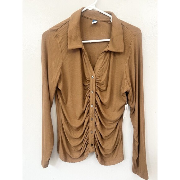 Old navy Blouse Fitted Button Down Tan Carmel Stretchy Shirt Size XL New Top - Picture 3 of 8
